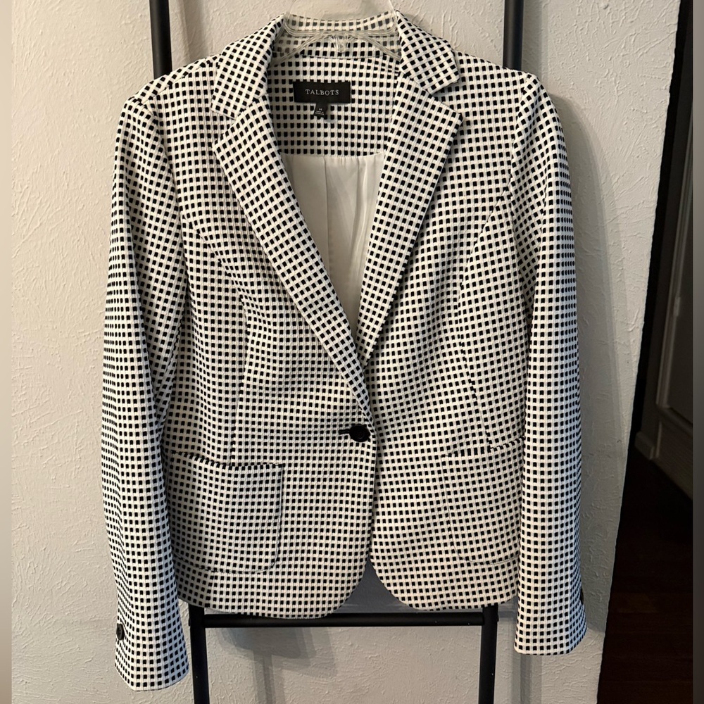 Talbots White and Black Checkered Blazer Size Medium